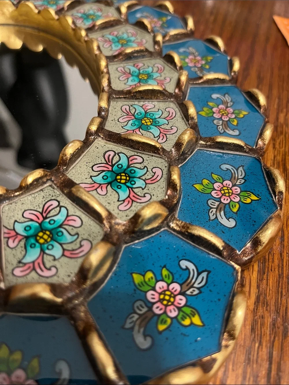 Hand-Painted Teal Floral Decorative Wall Mirror - Unbranded